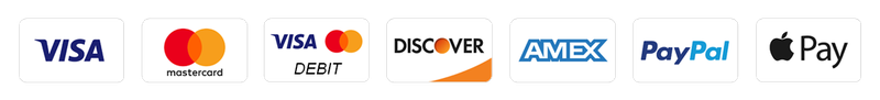 We accept Visa Credit and Debit, Mastercard, Discover, American Express, PayPal, and Apple Pay. Global currencies accepted.
